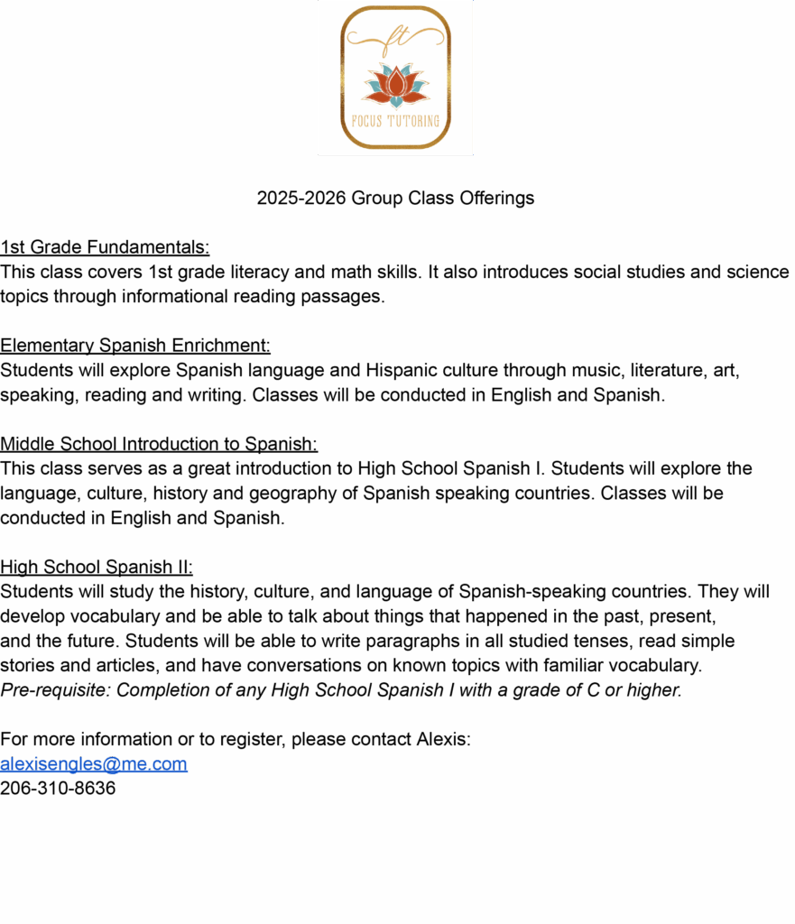 Focus-Tutoring-Classes-Offered